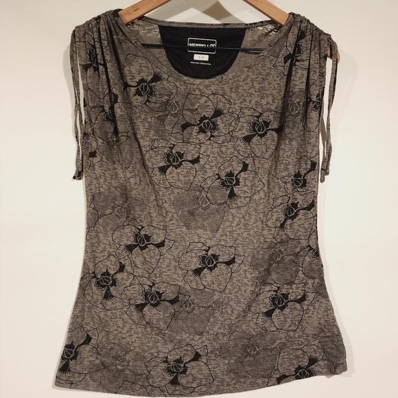 Merrell Cinch Gather Shoulder Burnout Tee Grey Flower Outdoor Hiking Shirt sz Md - Picture 2 of 9